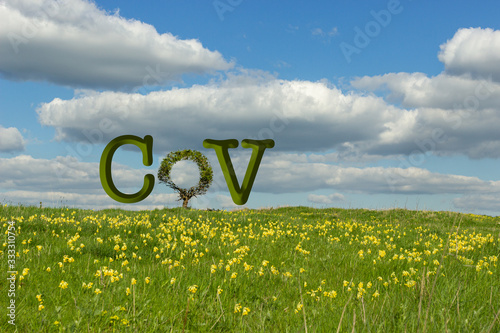 Blumenwiese Himmel Wolken. Baum als Symbol Coronavirus - CoV