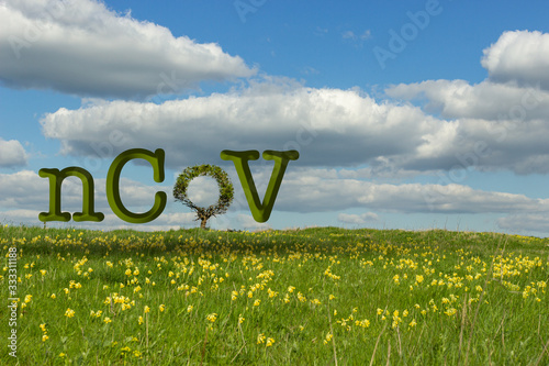 Blumenwiese Himmel Wolken. Baum als Symbol Coronavirus - nCoV