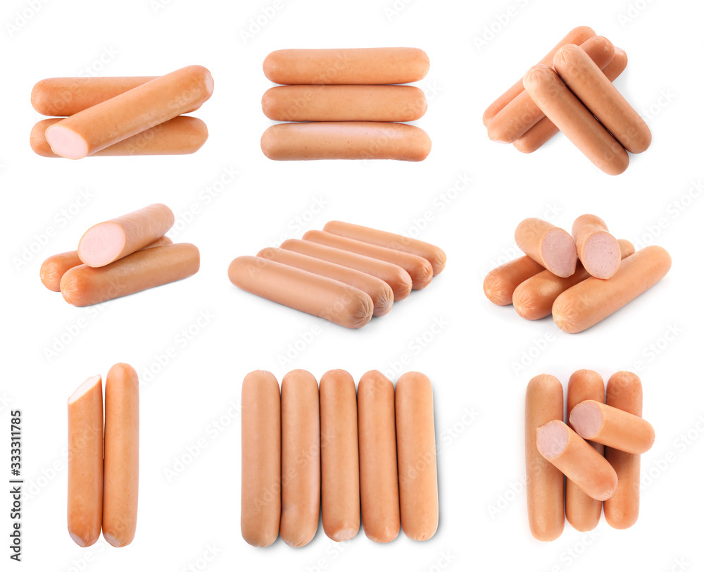 Set with tasty sausages on white background Set with tasty sausages on white background