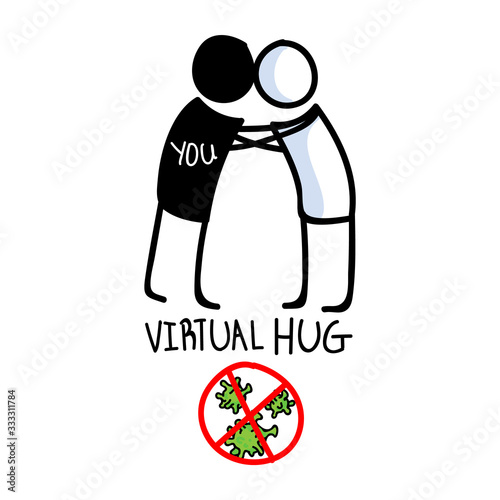 Sending virtual hug corona virus crisis. Defeat sars cov 2 stay home infographic. Social media love. Viral pandemic support message. Outreach get through together concept sticker vector. 