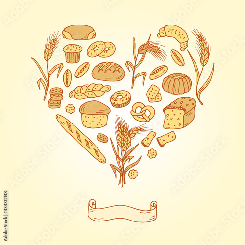 Bakery. Bread Baking Vector Set in Heart shaped. Hand drawn Doodles illustration