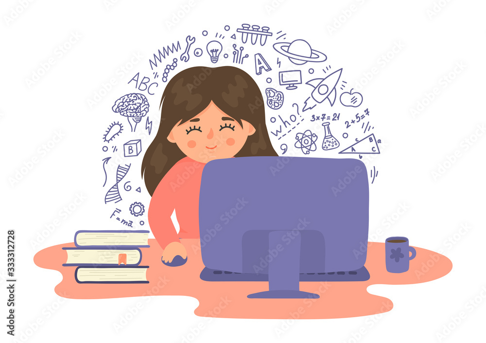 Online distance education. Cute girl studying school subjects using ...
