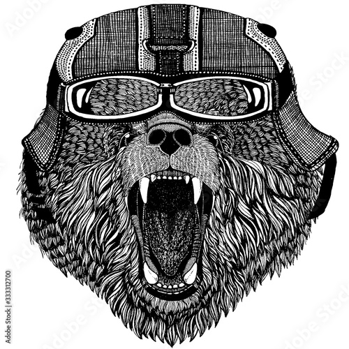 Brown bear Russian bear Animal wearing motorycle helmet. Image for kindergarten children clothing, kids. T-shirt, tattoo, emblem, badge, logo, patch photo