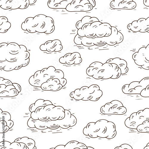 Sky. Clouds Vector Seamless pattern. Hand Drawn Doodle Clouds. Black and white background.