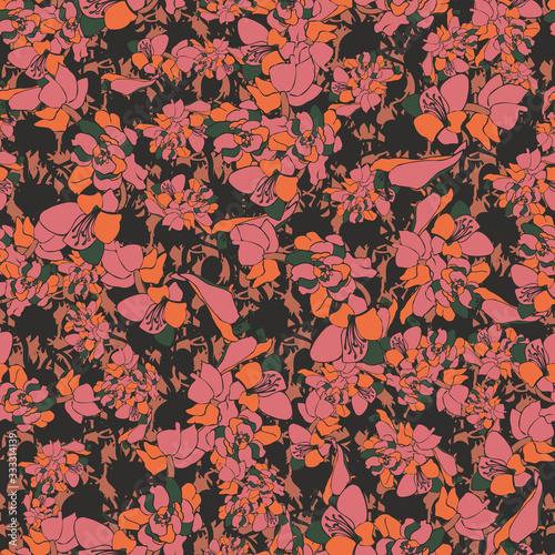 Pink moody textured floral seamles vector pattern on a dark background. Nature themed feminine surface print design. For fashion and home decor fabrics, stationery and packaging.