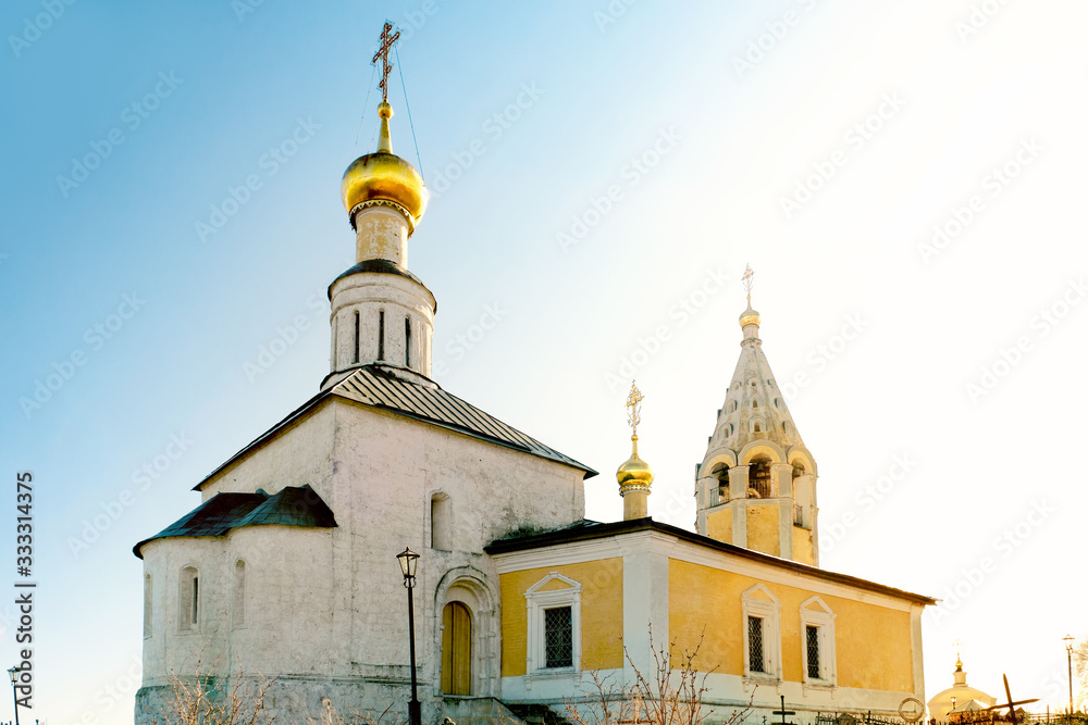 russian church ancient orthodox religion landmark in russia at day time against backlit light blue sky background Old outpost in Tver region Russia street landscape view of tourist attraction