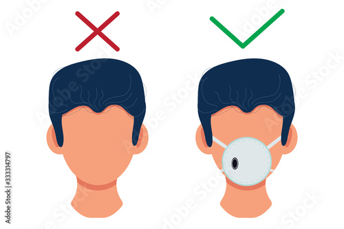 Men with and without a respirator on his face in flat style. Coronavirus and quarantine.The prohibition of being without a mask. Diseases and epidemics. Protection and health.Vector illustration.