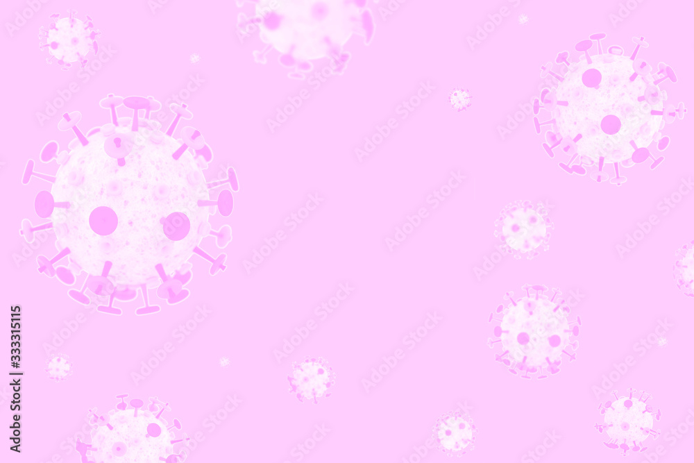 White coronavirus 3D model on a pink background with copy space. Virus infection or bacteria flu illustration. Concept of COVID-19, SARS-Cov-2 prevention.