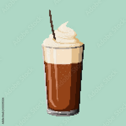 Pixel art coffee with cake. Retro 8bit game. Vector illustration. 