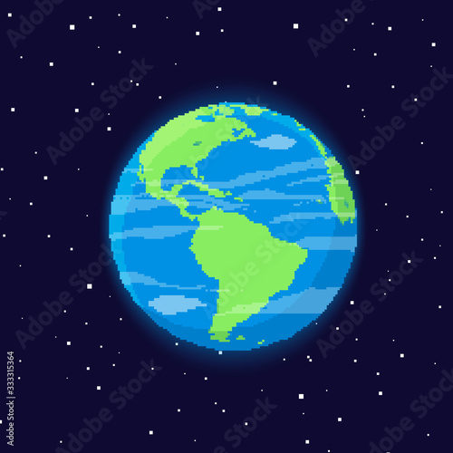 Fototapeta Naklejka Na Ścianę i Meble -  Vector planet Earth icon. Pixel art 8 bit. Flat planet Earth icon in space. 