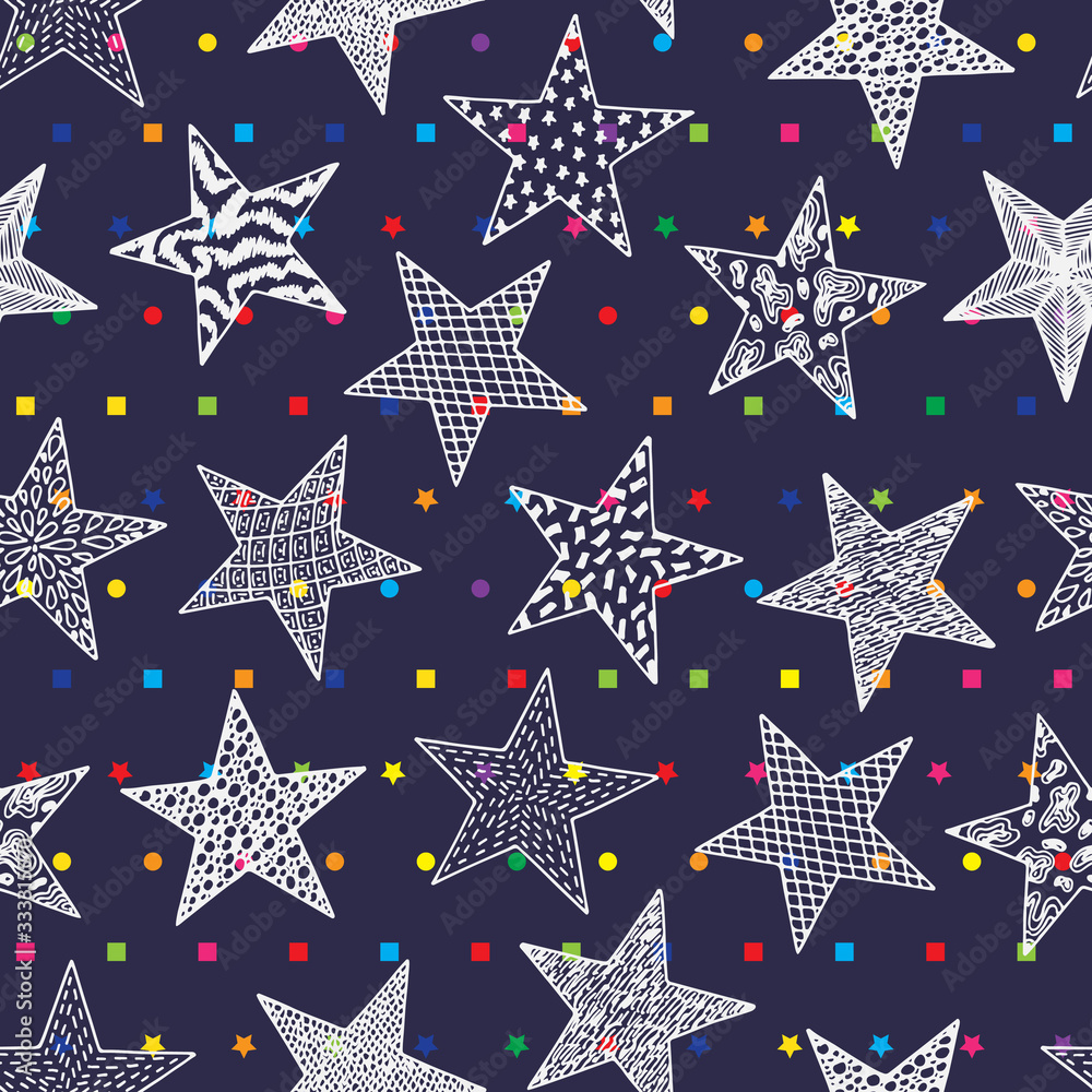Christmas and New Year's background with stars. Stars - Vector Seamless pattern. Stars with different patterns. Hand drawn doodle Stars. Christmas and New Year's background with stars. Stars - Vector Seamless pattern. Stars with different patterns. Hand drawn doodle Stars.
