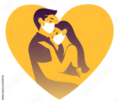 Wallpaper Mural A couple in love in a time of pandemic, wearing face masks to protect them from catching a virus, on a heart shaped background. Vector illustration. Torontodigital.ca