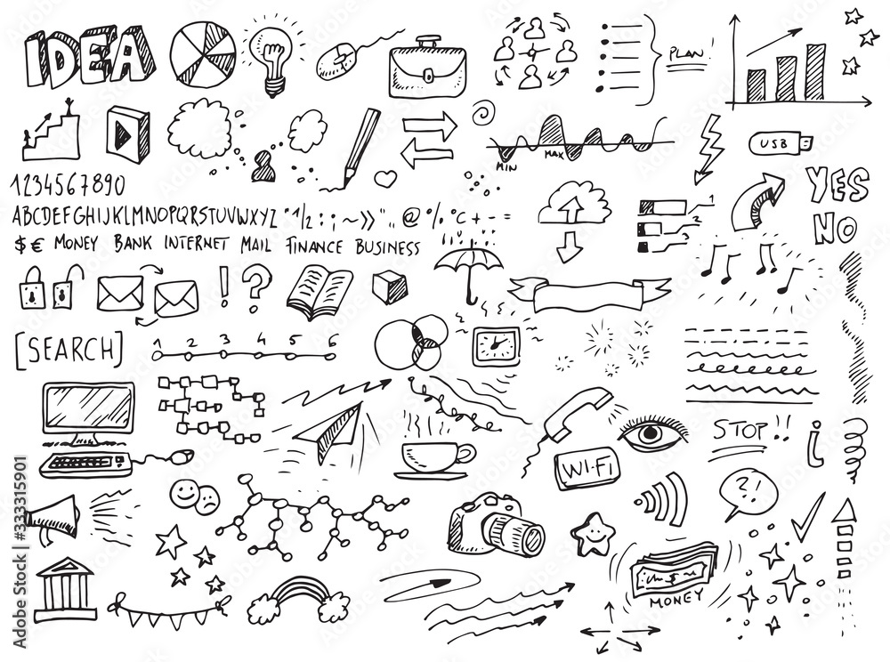 Different vector hand drawn doodles over white background