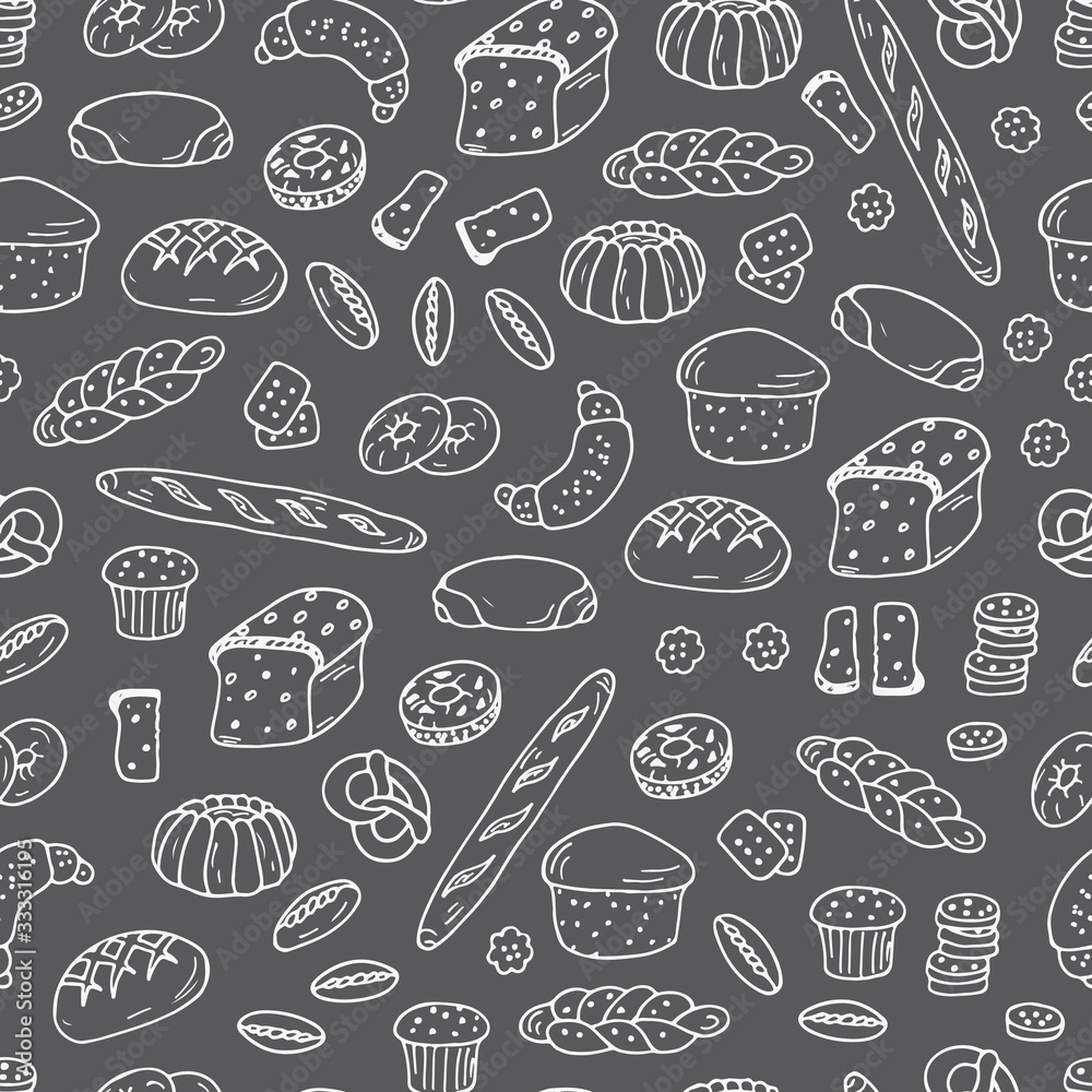 Bread products. Hand drawn Doodles Bakery - Vector black and white Seamless pattern