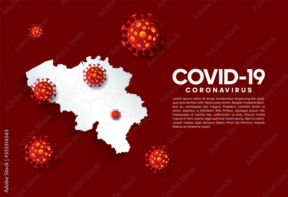 Coronavirus pandemic concept. Horizontal background with Belgium map, 3D covid 19 bacterium cells on a red background with text