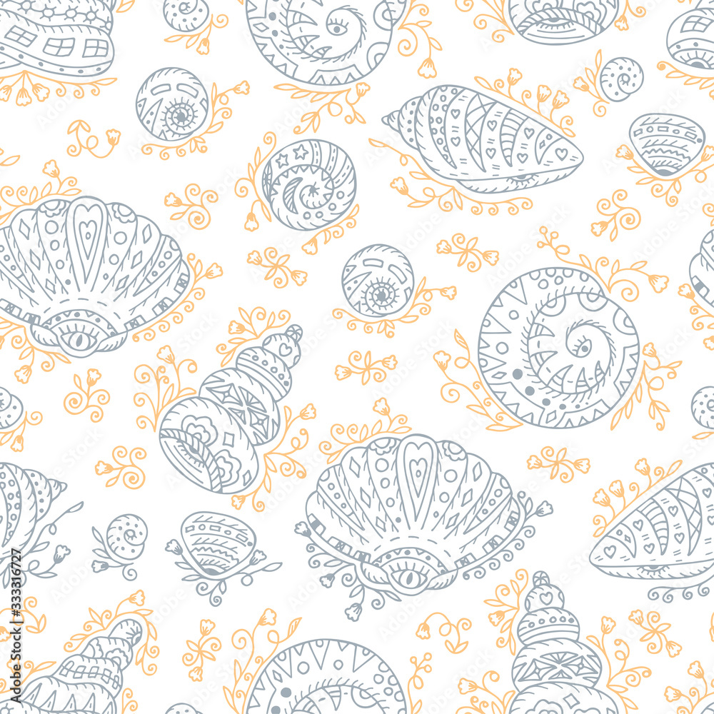 Vector Seamless pattern of abstract Seashells. Hand Drawn doodle ornamental Seashells Vector Seamless pattern of abstract Seashells. Hand Drawn doodle ornamental Seashells