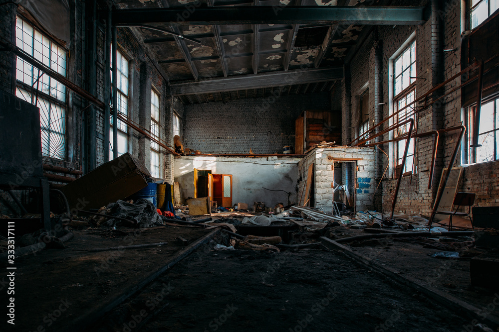 Inside old burnt abandoned ruined industrial building Inside old burnt abandoned ruined industrial building