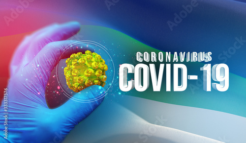 COVID-19 concept  virus molecule in specialist hand  infection in russian region  flag images concept - Flag of Komi. Coronavirus in Russia concept 3D illustration.