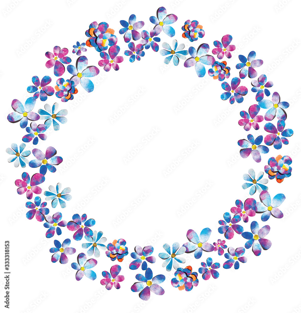 Spring romantic blue pink purple watercolor painted paper-cut flowers border frame ring ornament illustration. Good for presentation, poster or business card. With free blank copy space for text