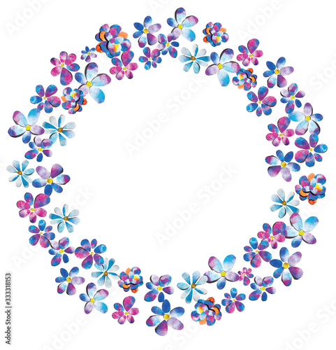 Spring romantic blue pink purple watercolor painted paper-cut flowers border frame ring ornament illustration. Good for presentation, poster or business card. With free blank copy space for text