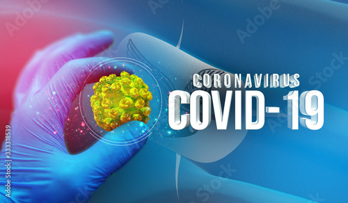 COVID-19 concept, virus molecule in specialist hand, infection in russian region, flag images concept - Flag of Taymyr Autonomous Okrug. Coronavirus in Russia concept 3D illustration. photo