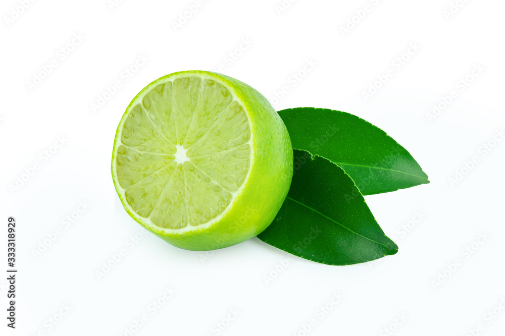Lime with slices half and leaves isolated on white background. Green citrus fruit. with clipping path