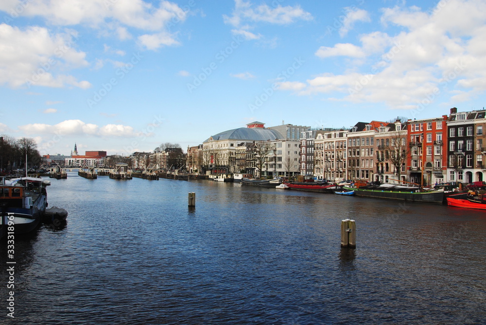 View over the Amstel river on the Amstel locks in the center of Amsterdam
