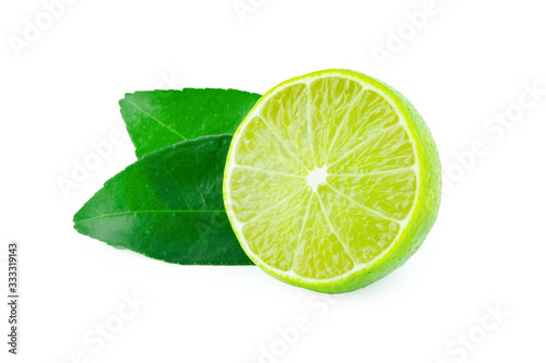 Lime with slices half and leaves isolated on white background. Green citrus fruit. with clipping path