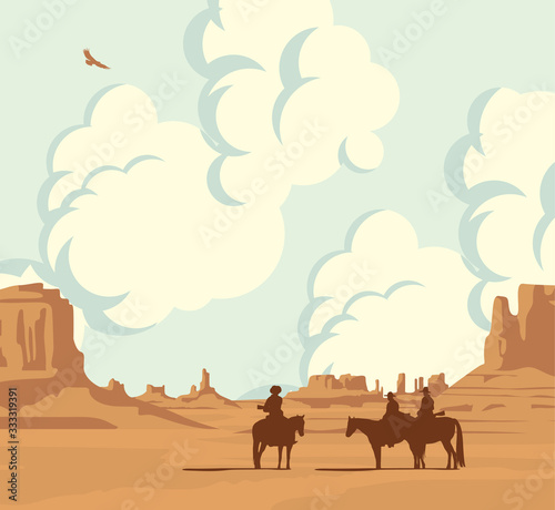 Vector landscape with desert American prairies, cloudy sky and silhouettes of cowboys on horseback. Decorative illustration on the wild West theme. Western vintage background