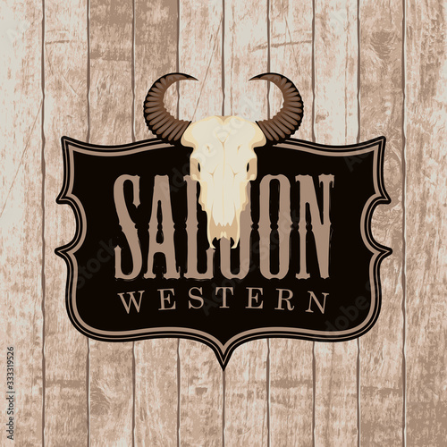 Vector banner for Western saloon with skull of bull on the wooden planks background. Decorative illustration on the theme of Wild West in retro style