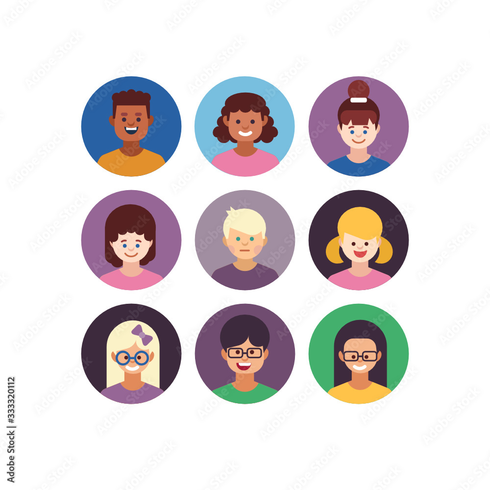 Kids faces. Child expression faces little boys and girls cartoon avatars vector collection. Girl and boy avatar, young teenager female and male illustration Kids faces. Child expression faces little boys and girls cartoon avatars vector collection. Girl and boy avatar, young teenager female and male illustration