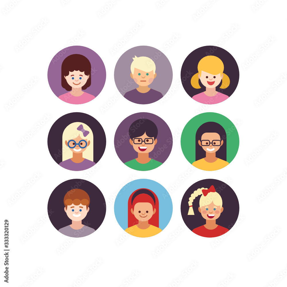 Kids faces. Child expression faces little boys and girls cartoon avatars vector collection. Girl and boy avatar, young teenager female and male illustration Kids faces. Child expression faces little boys and girls cartoon avatars vector collection. Girl and boy avatar, young teenager female and male illustration