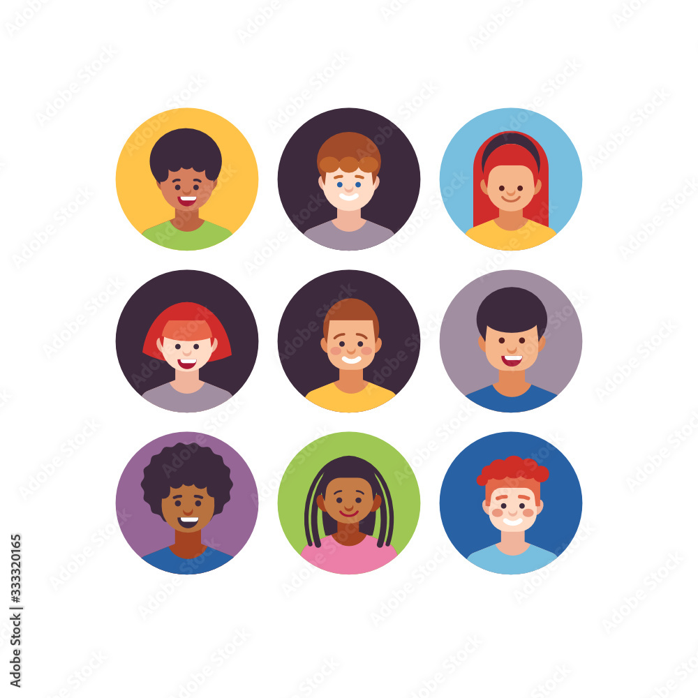 Kids faces. Child expression faces little boys and girls cartoon avatars vector collection. Girl and boy avatar, young teenager female and male illustration Kids faces. Child expression faces little boys and girls cartoon avatars vector collection. Girl and boy avatar, young teenager female and male illustration