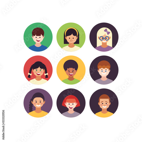 Kids faces. Child expression faces little boys and girls cartoon avatars vector collection. Girl and boy avatar, young teenager female and male illustration