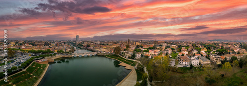 Slika na platnu Aerial view of Rimini Italy with dramatic colorful winter  sunset sky