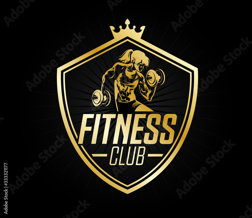 Frau Fitness Muskeln Club Fitnessstudio Fitnesscenter Logo Gold Wappen