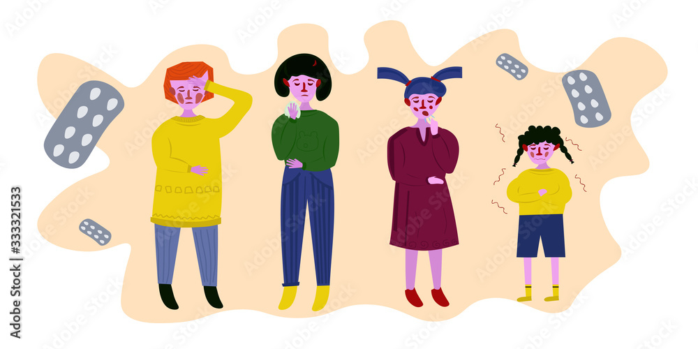 young sick girls set suffering from various symptoms of the disease fever, sore throat, fatigue, cough, runny nose. Flat isolated illustration on white background. Disease symptoms concept young sick girls set suffering from various symptoms of the disease fever, sore throat, fatigue, cough, runny nose. Flat isolated illustration on white background. Disease symptoms concept