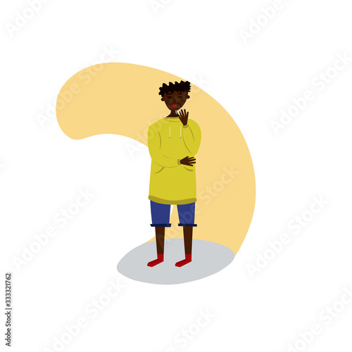 Illustration of young black man coughing with fist in front of mouth