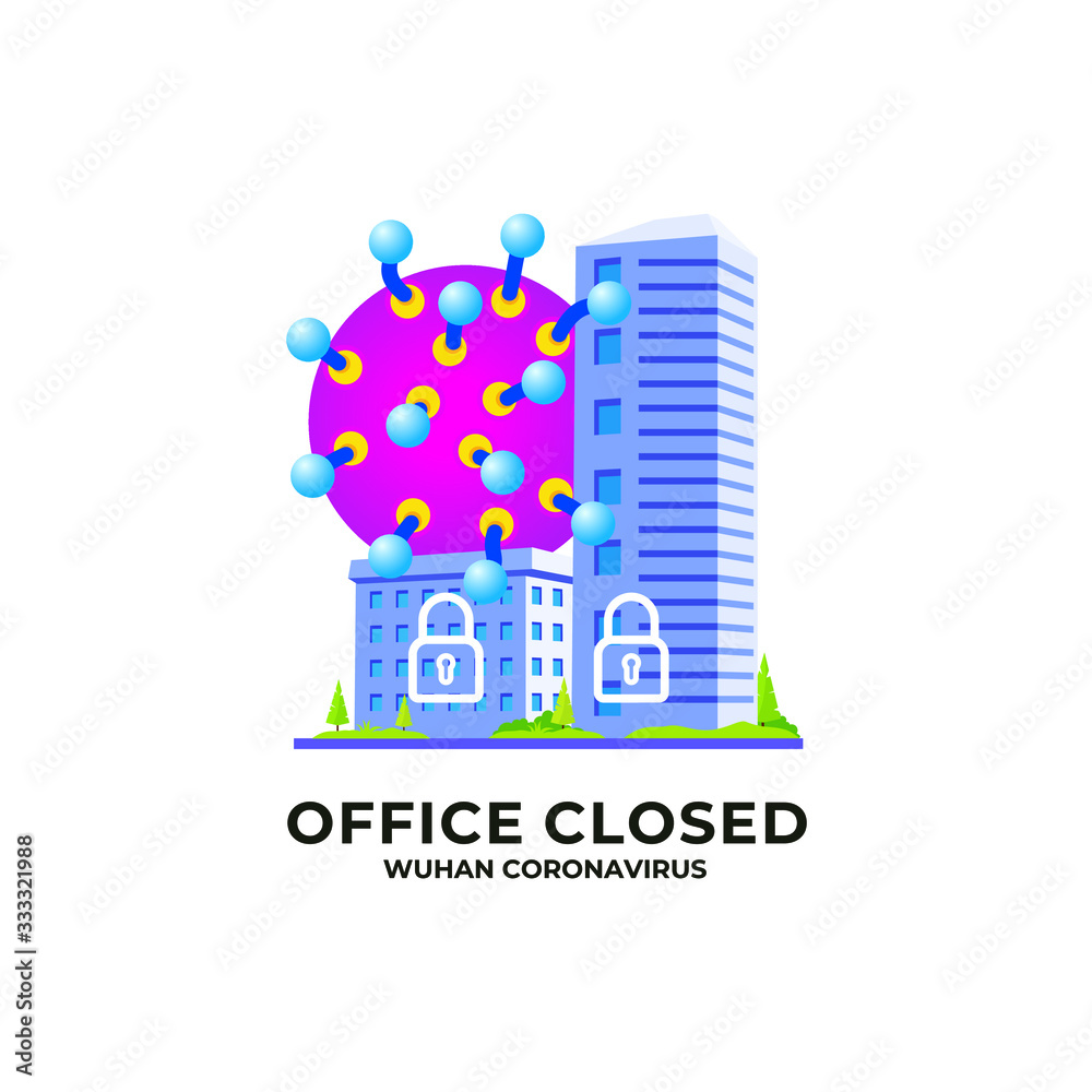 Coronavirus lockdown icon. with Closing office building, coronavirus bacteria and lock icon. covid-19 concept, Novel coronavirus 2019-nCoV