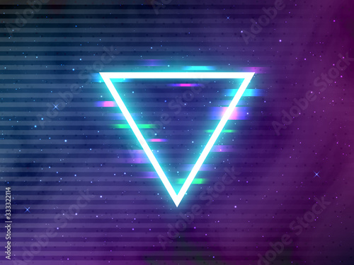 Glitch retro triangle. Glowing neon shape on cosmic backdrop. Cyberpunk template with digital glitched elements. Future effect in space for poster or brochure. Vector illustration