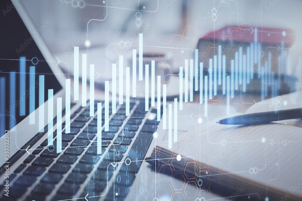 Double exposure of financial chart drawing and desktop with coffee and items on table background. Concept of forex market trading Double exposure of financial chart drawing and desktop with coffee and items on table background. Concept of forex market trading