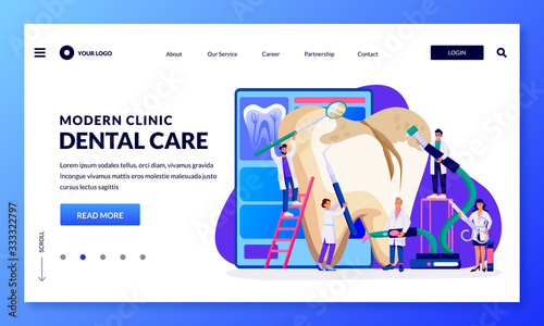 Teeth treatment care concept. Vector doctors characters illustration. Professional dentists diagnose and treat big tooth