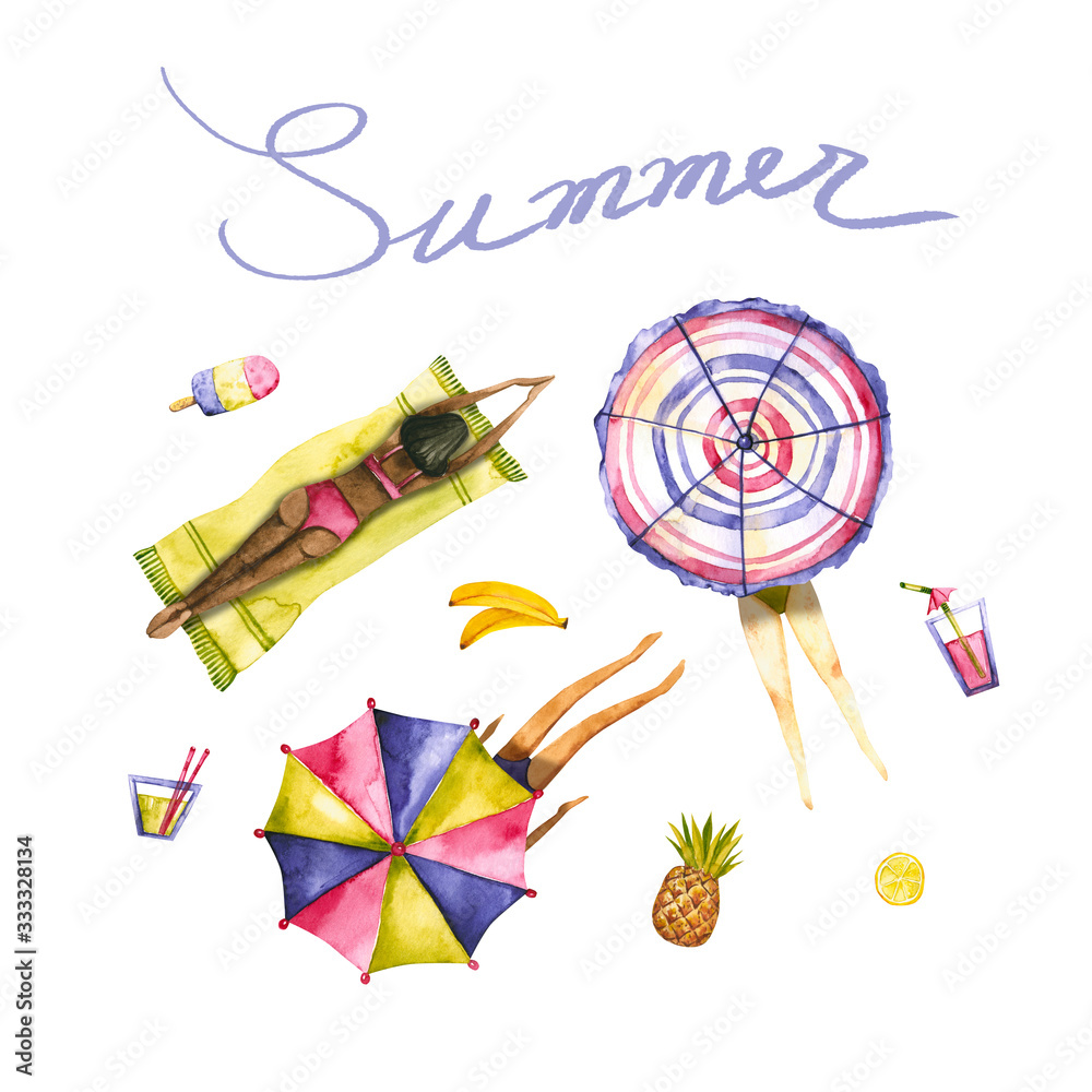 Summer poster with watercolor vacation girls. Hand drawn illustration is isolated on white. Painted template is perfect for travel design, social media background, girls power banner