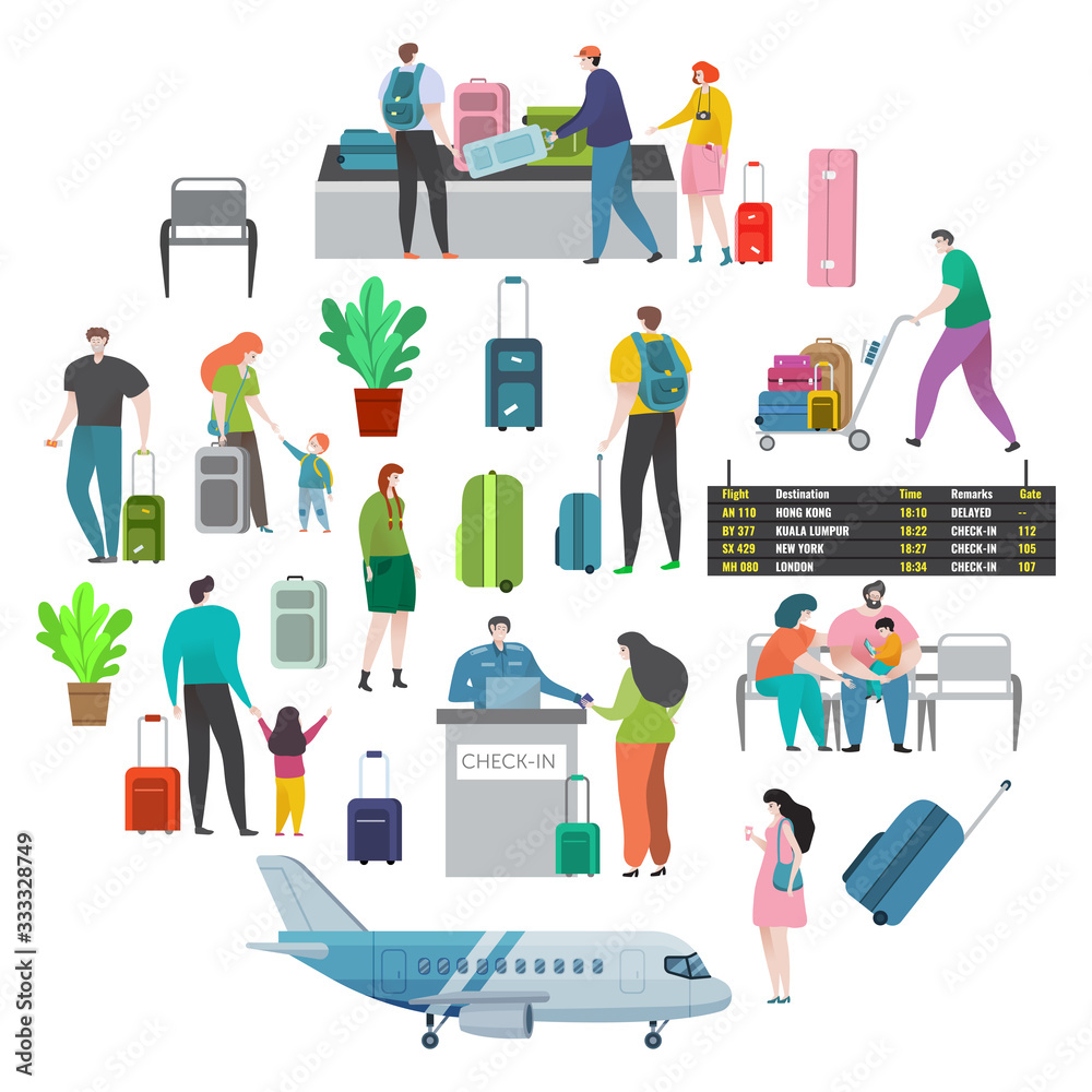 Airport and check in area. Cartoon characters woman and man