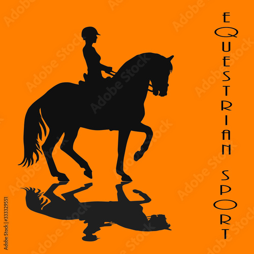 woman riding a prancing horse,  black silhouette and shadow, monochrome isolated image on a  orange background for decoration