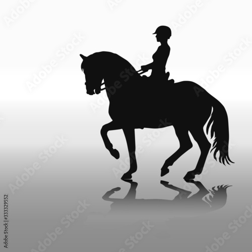 a woman riding a prancing horse, black silhouette and shadow, monochrome isolated image on a white background for decoration
