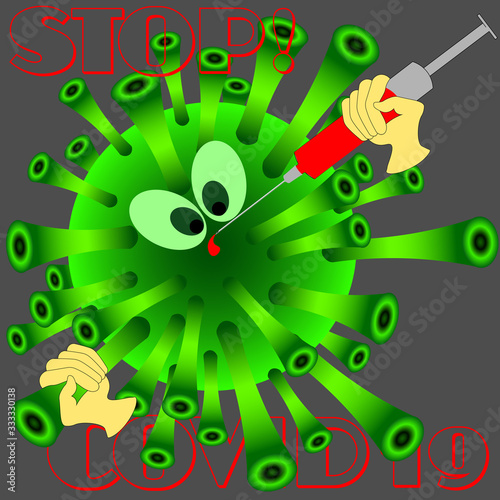 win coronavirus pandemic logo with virus and syringe with antivirus