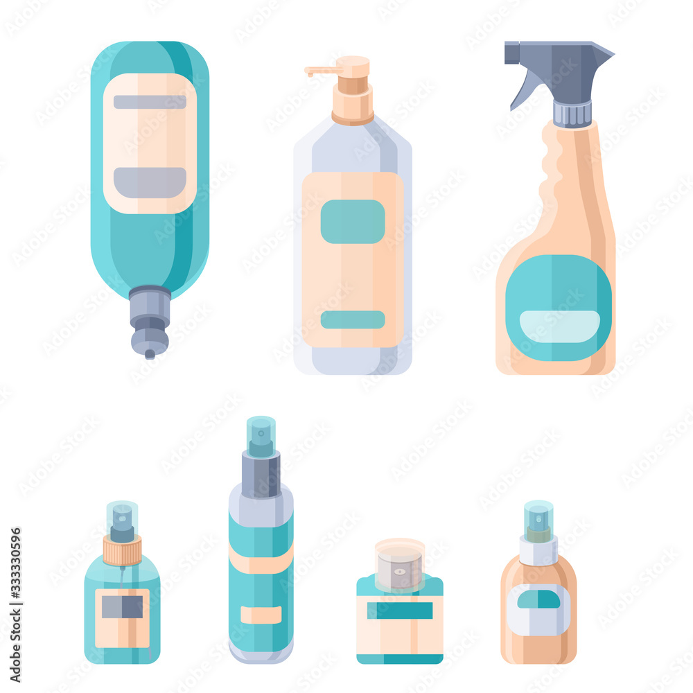 Cosmetic sticker set on white isolated backdrop. Antiseptic spray mockup for hygiene promotion, medical poster. Household goods store or warehouse logo. Minimal style stock vector illustration Cosmetic sticker set on white isolated backdrop. Antiseptic spray mockup for hygiene promotion, medical poster. Household goods store or warehouse logo. Minimal style stock vector illustration
