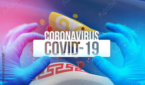 Coronavirus disease COVID-19 infection in russian region, flag images concept - Flag of Ust-Orda Buryat Okrug. Coronavirus in Russia concept 3D illustration.