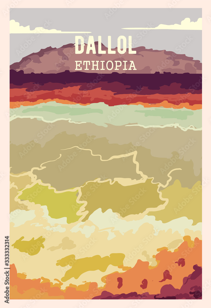 Top most unusual places on earth. Dallol retro poster, vector illustration.